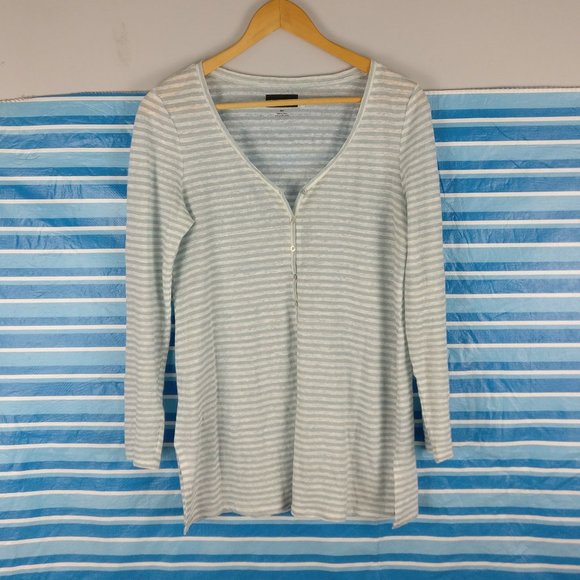 Linen Blouse, 100% Linen Blue Gray White striped top Mother of pearl button, S - Picture 1 of 10